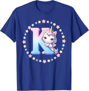 Unicorn Letter K Initial Rainbow Monogram Women Girls Kids T-Shirt - T-Shirt | Royal