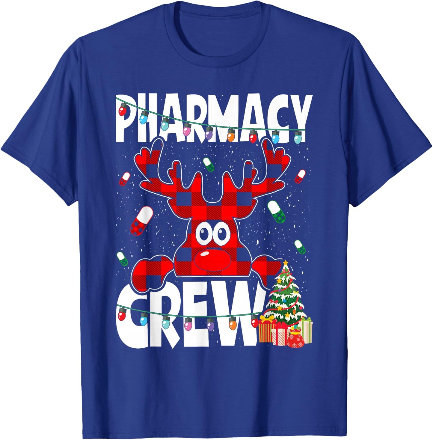 Funny Red Plaid Reindeer Pharmacy Crew Christmas T-Shirt - T-Shirt | Royal
