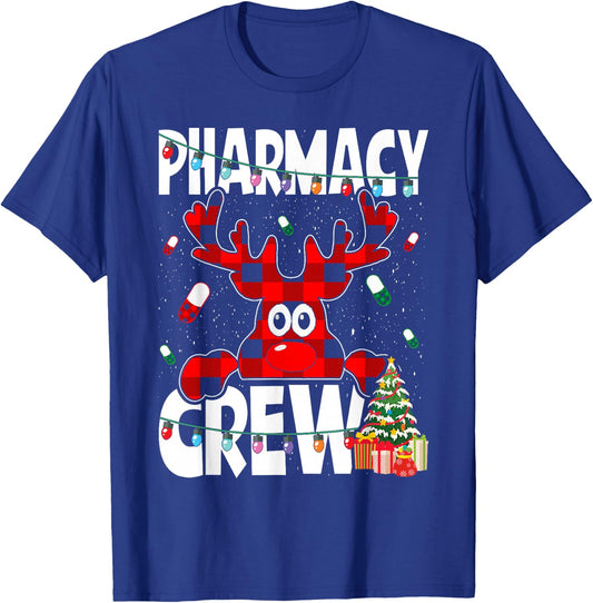 Funny Red Plaid Reindeer Pharmacy Crew Christmas T-Shirt - T-Shirt | Royal