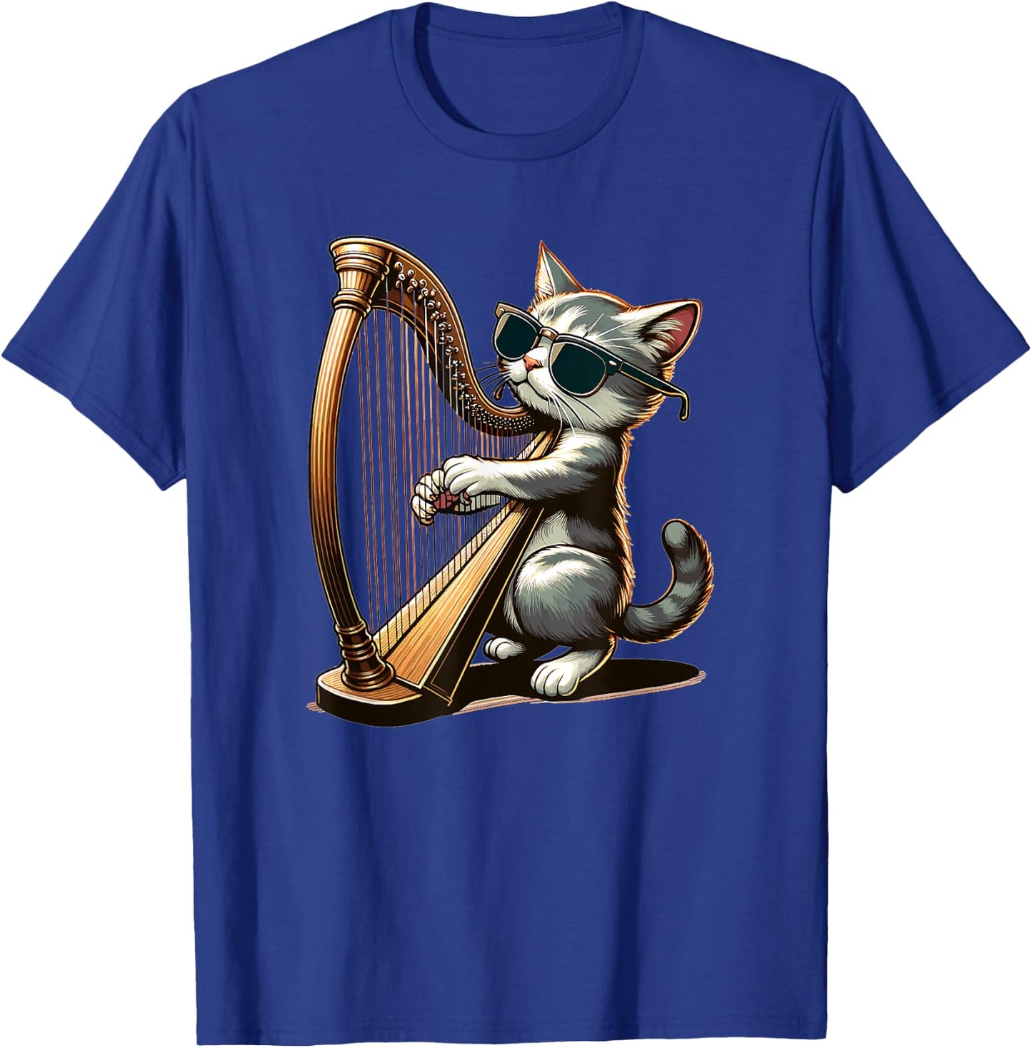 Musician Harpist Cat Wearing Sunglasses Cat Playing Harp Women Kids T-Shirt - T-Shirt | Royal