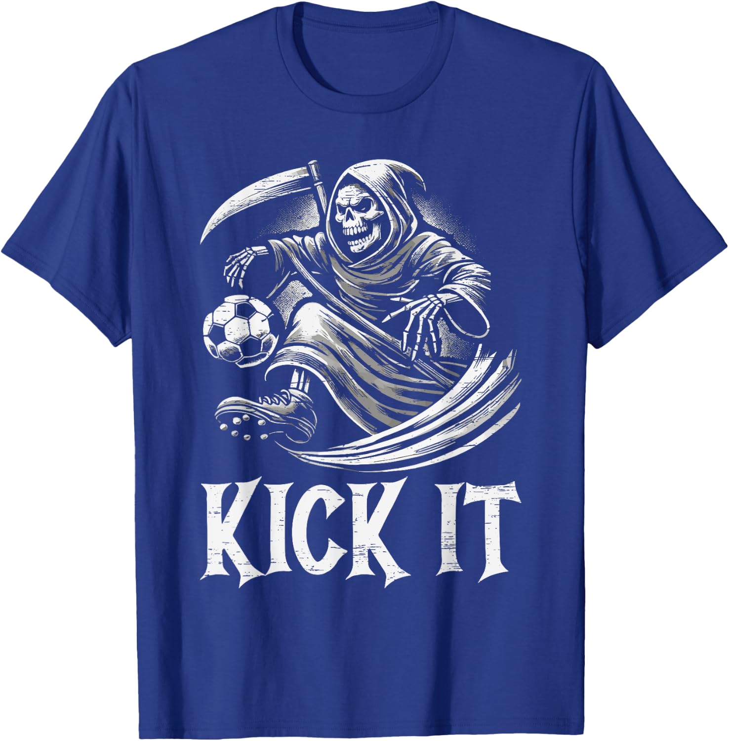 Kick It Grim Reaper Playing Soccer T-Shirt - T-Shirt | Royal