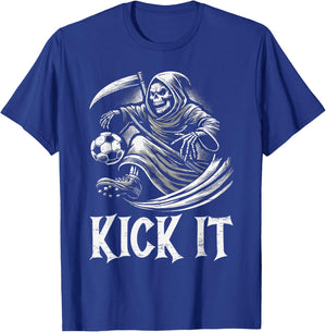 Kick It Grim Reaper Playing Soccer T-Shirt - T-Shirt | Royal