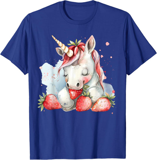 Strawberry Unicorn Cute Strawberries Drawing Watercolor T-Shirt - T-Shirt | Royal