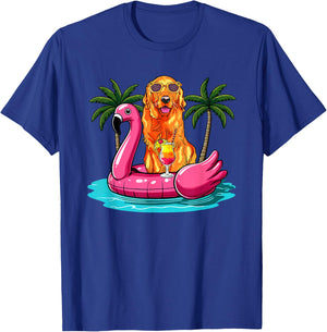 Golden Retriever Sunglasses On Flamingo Cute Float Lover T-Shirt - T-Shirt | Royal