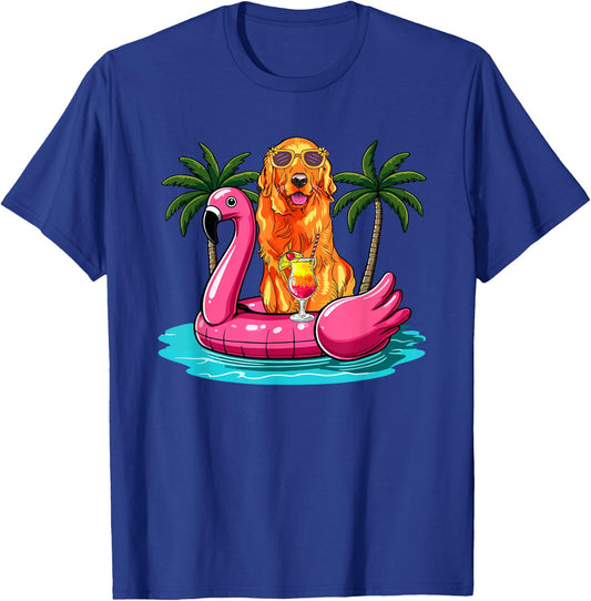 Golden Retriever Sunglasses On Flamingo Cute Float Lover T-Shirt - T-Shirt | Royal