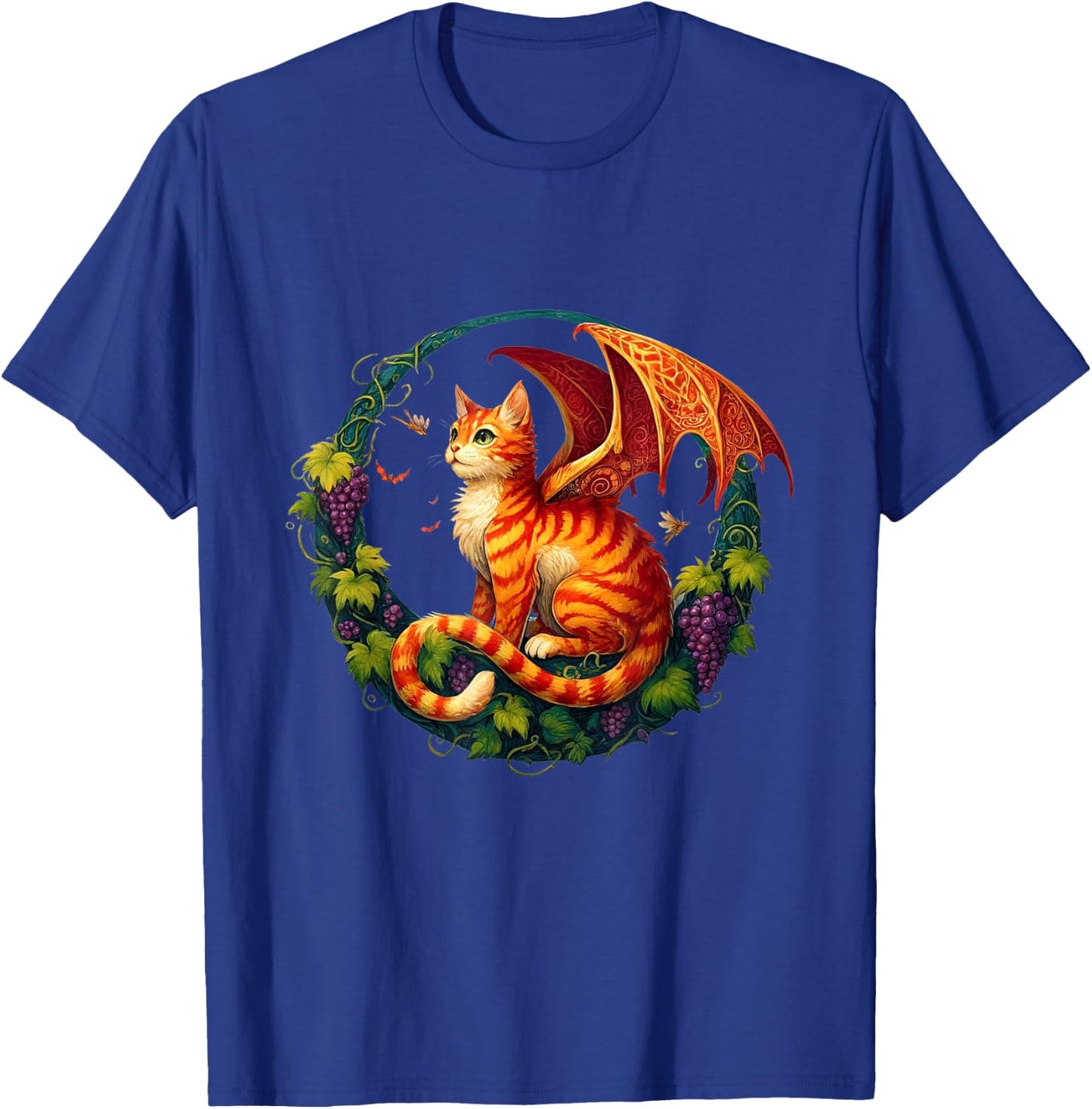 Retro Mystical Orange Tabby Dragon Cat Fae With Grapevines Men Women Kids T-Shirt - T-Shirt | Royal