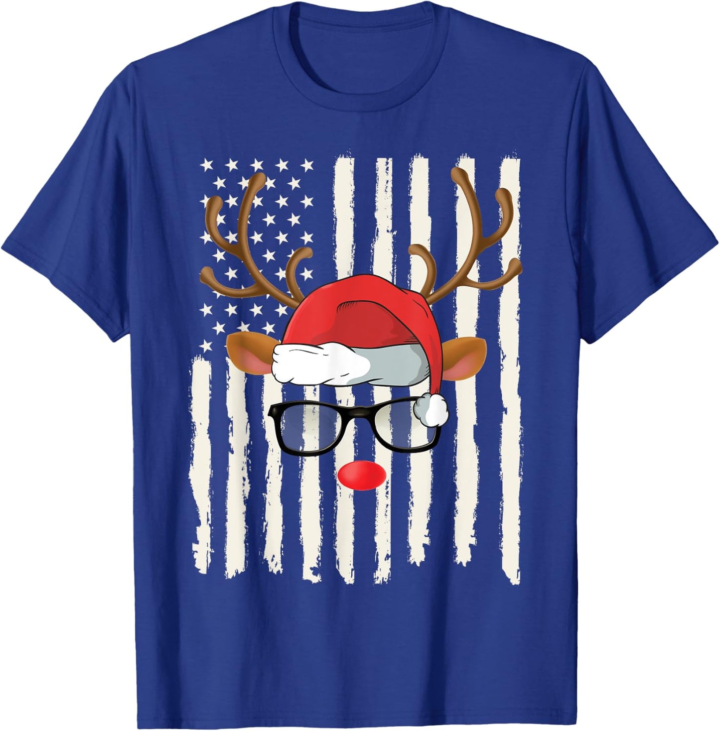 Cute Reindeer Santa Hat Glasses American Flag Christmas T-Shirt - T-Shirt | Royal