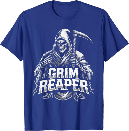 Grim Reaper Hooded Skeleton Scythe Design T-Shirt - T-Shirt | Royal