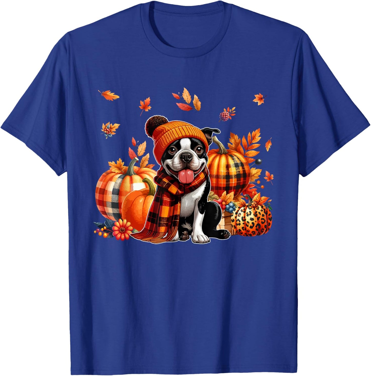 Boston Terrier Thanksgiving Leopard Pumpkins Fall Leaves T-Shirt - T-Shirt | Royal