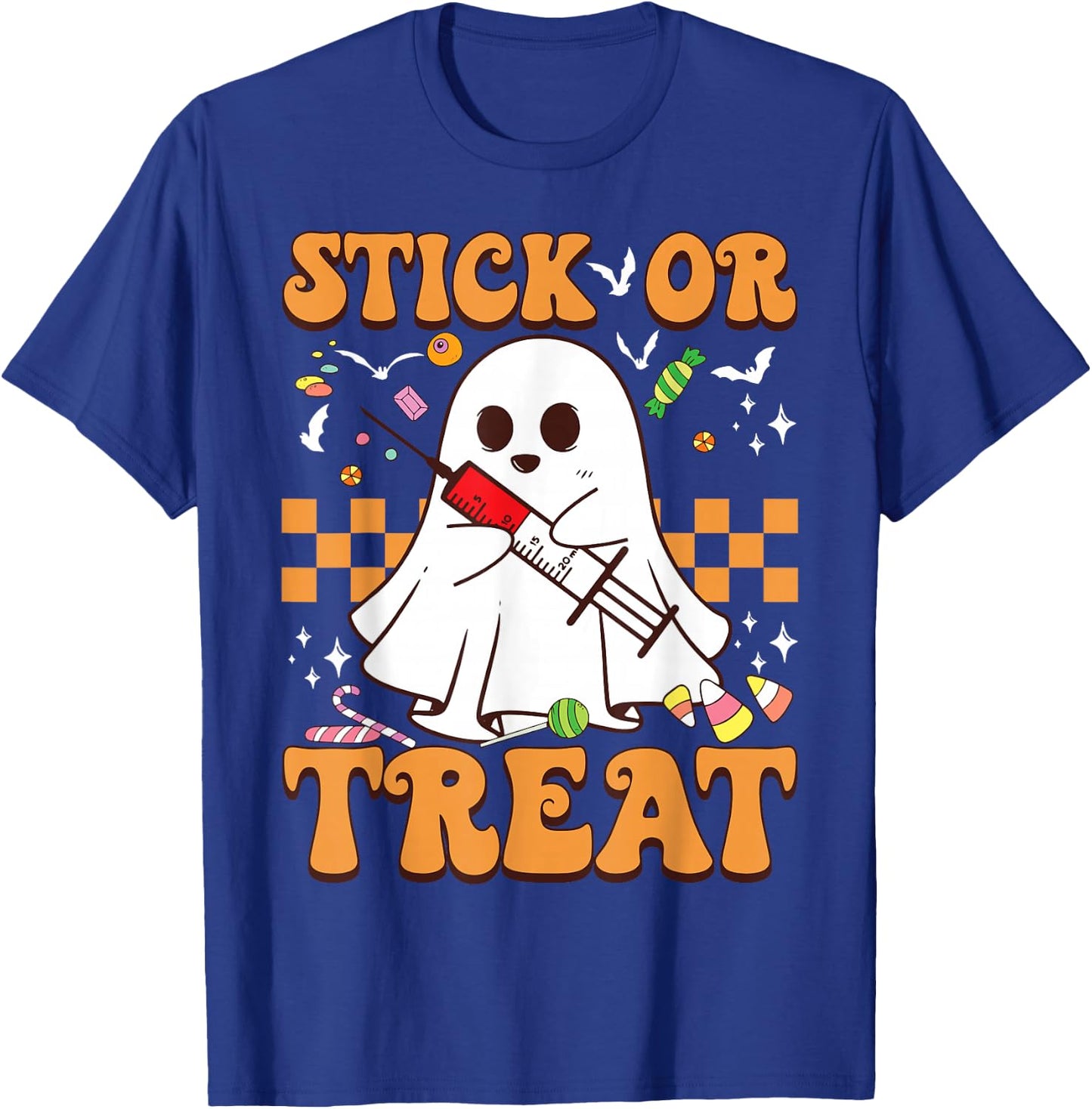 Retro Stick Or Treat Cute Ghost Nurse Phlebotomist Halloween T-Shirt - T-Shirt | Royal