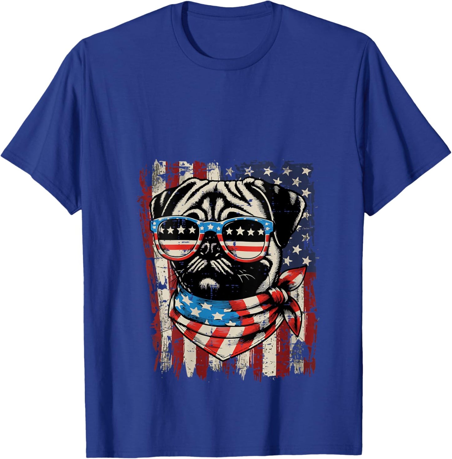 Women's 4th of July Dog Pug USA Flag Cute Patriotic Men Women Kids V-Neck T-Shirt - T-Shirt | Royal