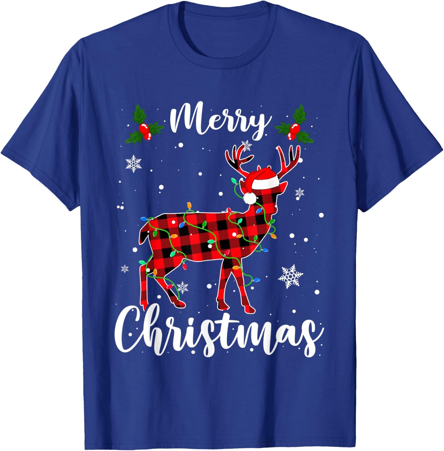 Deer Merry Christmas Animals Buffalo Red Plaid T-Shirt - T-Shirt | Royal