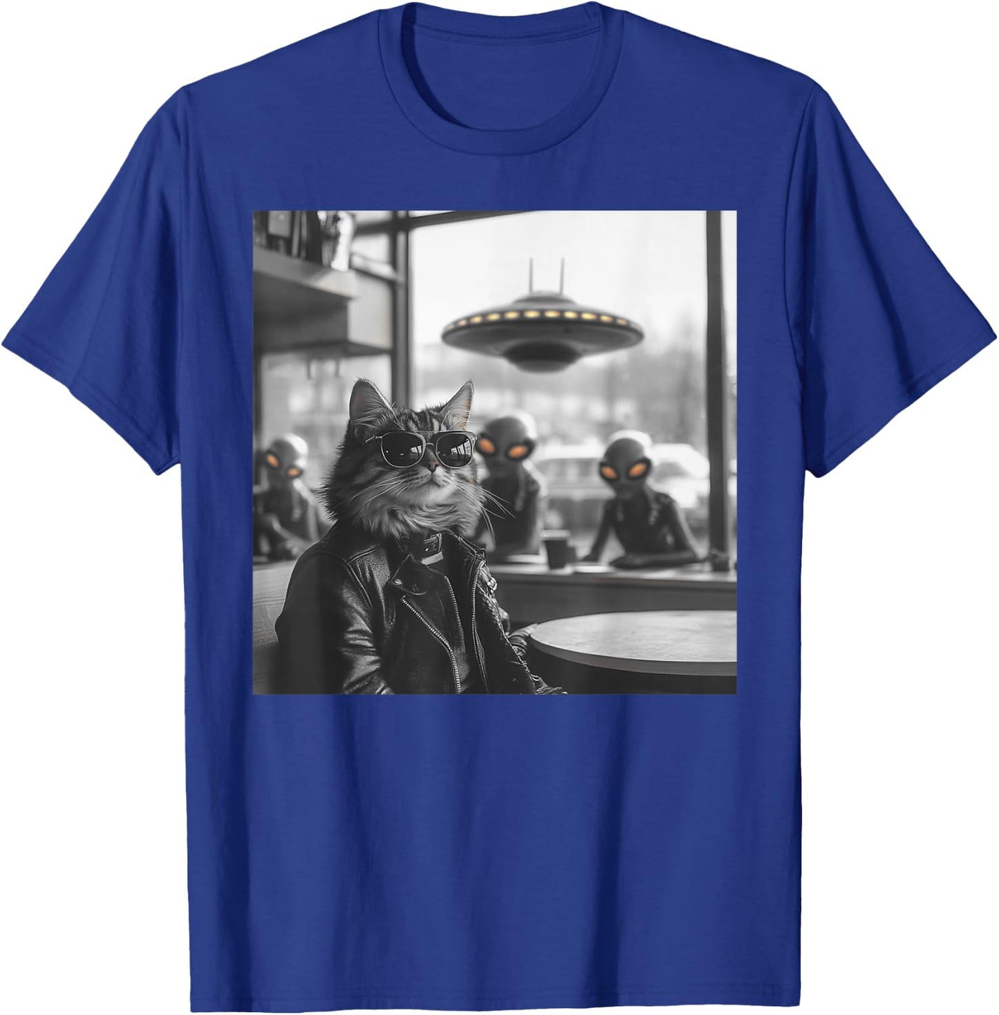 Cat in a Coffee Shop with Aliens and UFO T-Shirt - T-Shirt | Royal