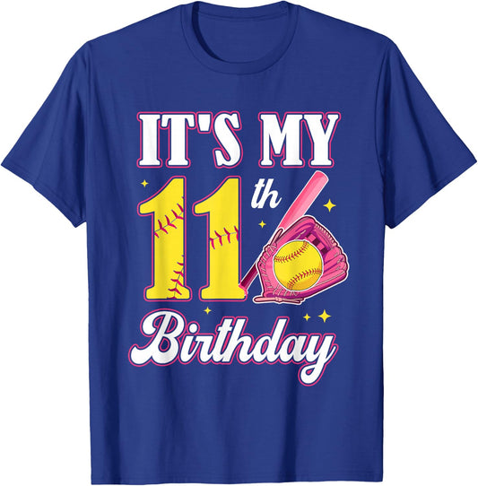 It's My 11th Birthday Softball Girl 11 Year Old Party T-Shirt - T-Shirt | Royal