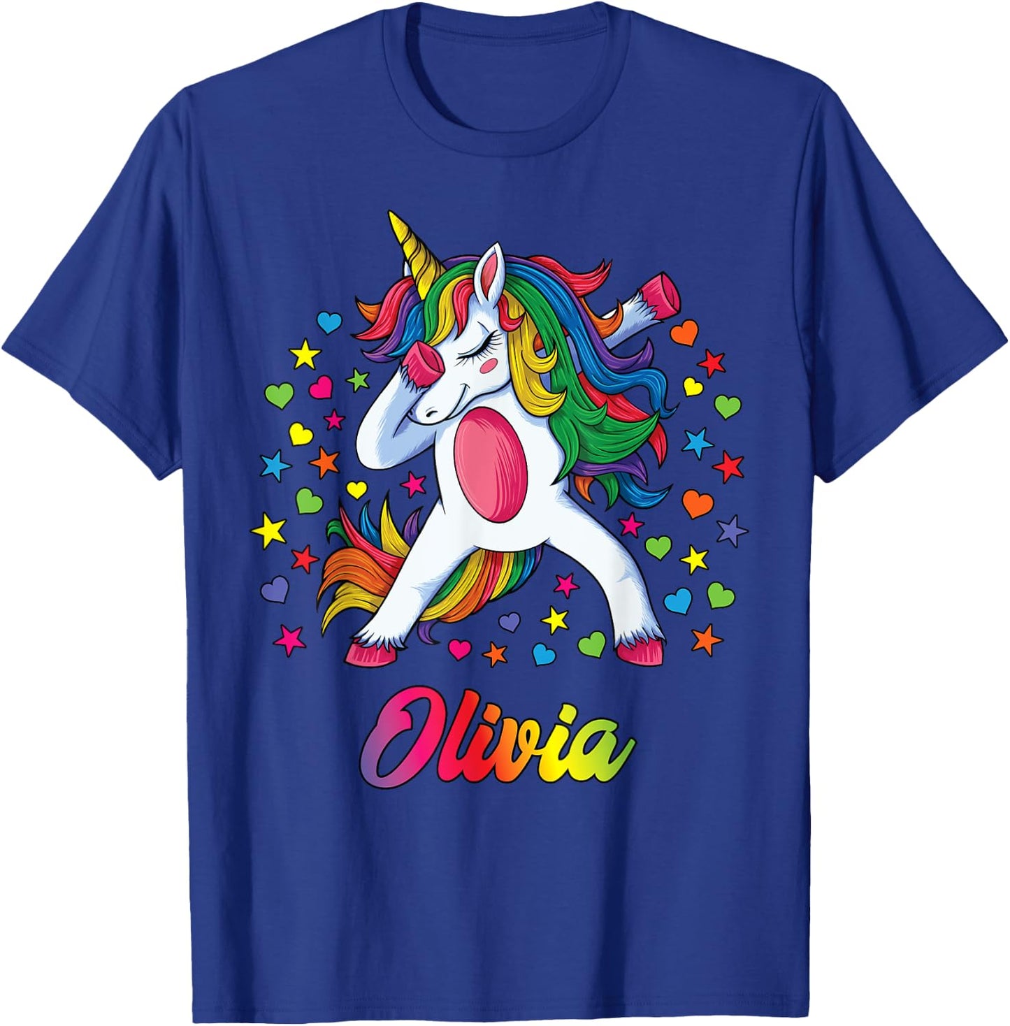 Olivia Dabbing Unicorn Rainbow Personalized Name Custom T-Shirt - T-Shirt | Royal