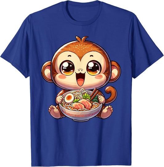 Cute Youth Monkey Kawaii Eating Ramen Japanese Food T-Shirt - T-Shirt | Royal