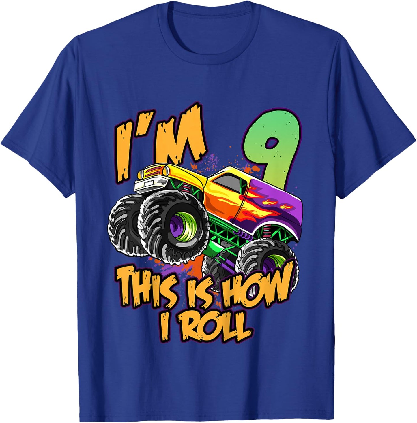 Kids 9th Birthday Boys Monster Truck 9 Year Old Race Car Party T-Shirt - T-Shirt | Royal