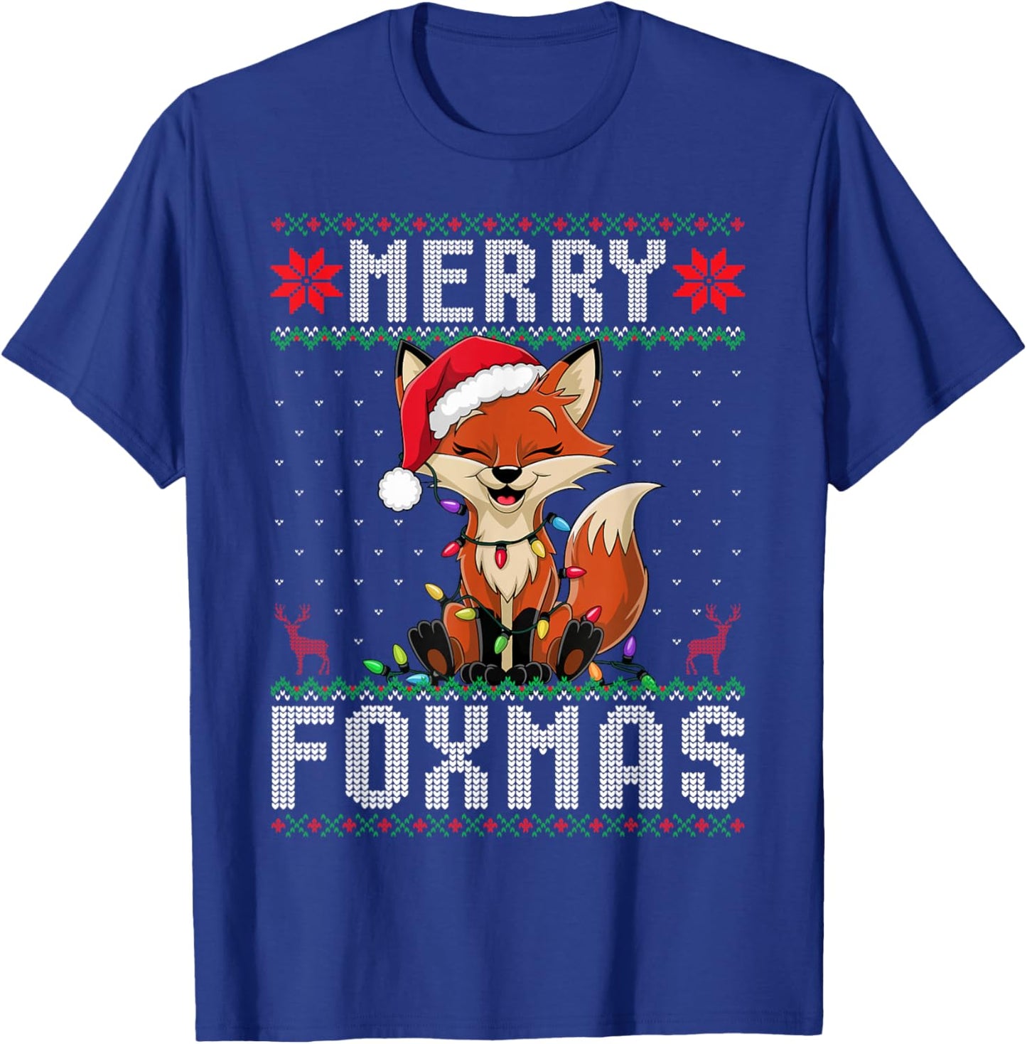 Merry Foxmas Fox Tree Lights Santa Hat Xmas Ugly Christmas T-Shirt - T-Shirt | Royal