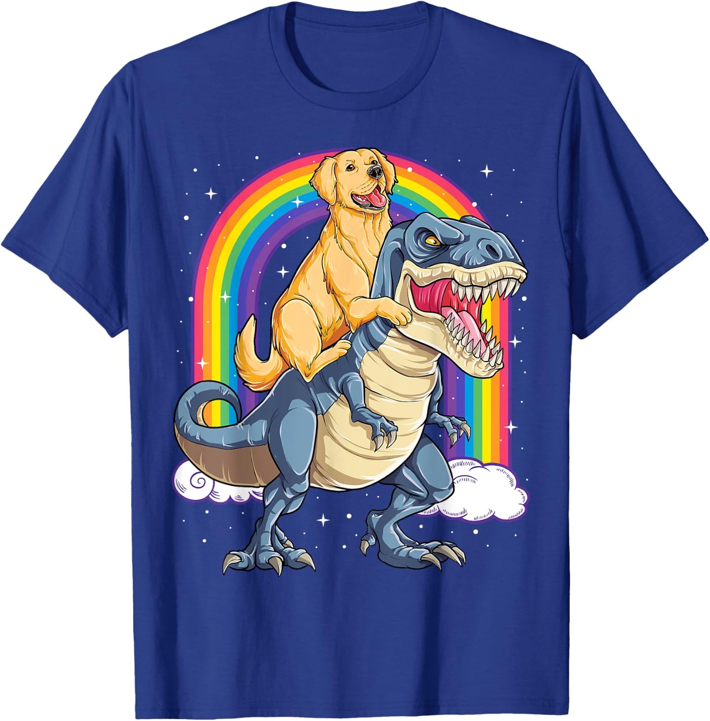 Golden Retriever Riding Dinosaur T-rex Gifts Boys Rainbow T-Shirt - T-Shirt | Royal