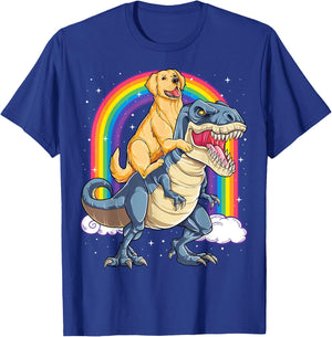 Golden Retriever Riding Dinosaur T-rex Gifts Boys Rainbow T-Shirt - T-Shirt | Royal