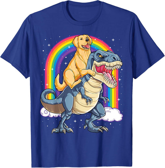 Golden Retriever Riding Dinosaur T-rex Gifts Boys Rainbow T-Shirt - T-Shirt | Royal