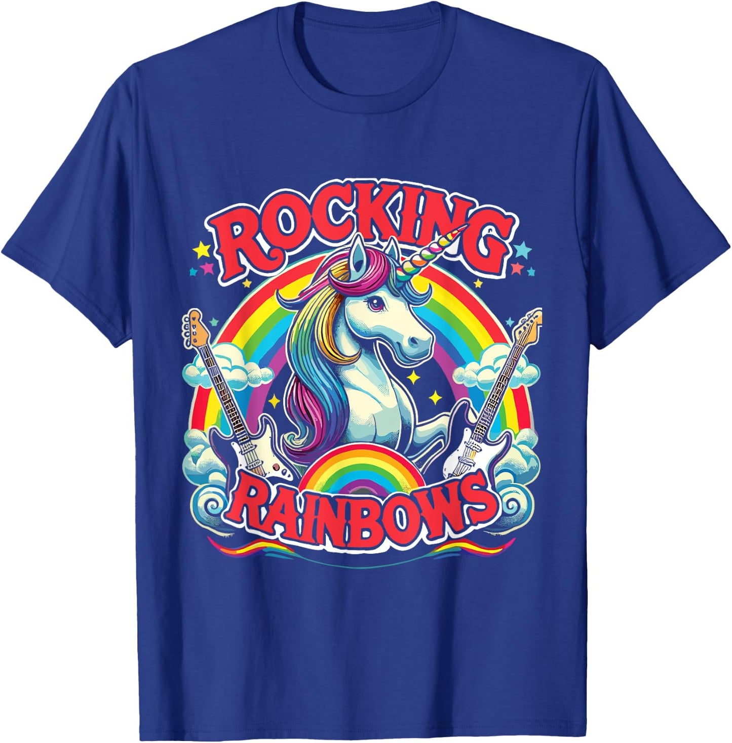Rock Star Rock And Roll Rocking Rainbows Unicorn Guitar T-Shirt - T-Shirt | Royal