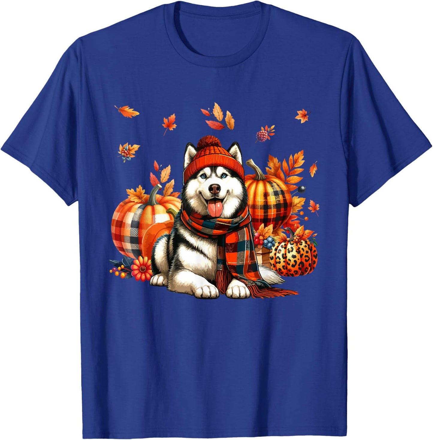 Husky Thanksgiving Leopard Pumpkins Fall Leaves Lover T-Shirt - T-Shirt | Royal