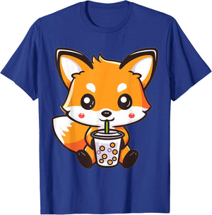 Kawaii Fox Drinking Bubble Tea Boba Anime Cute Graphic T-Shirt - T-Shirt | Royal