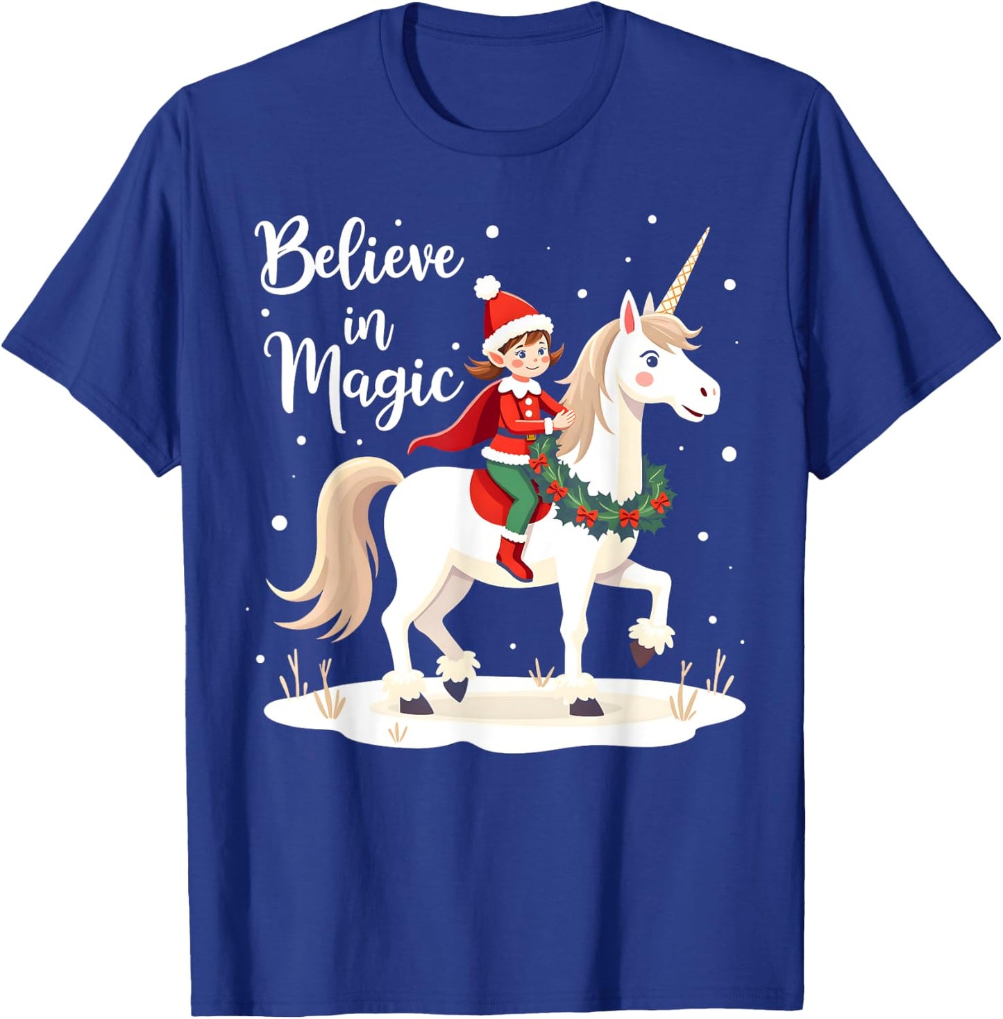 Believe in Magic Christmas Elf Riding Festive Unicorn T-Shirt - T-Shirt | Royal