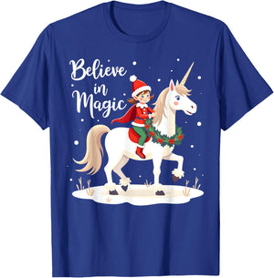 Believe in Magic Christmas Elf Riding Festive Unicorn T-Shirt - T-Shirt | Royal