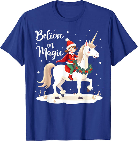 Believe in Magic Christmas Elf Riding Festive Unicorn T-Shirt - T-Shirt | Royal