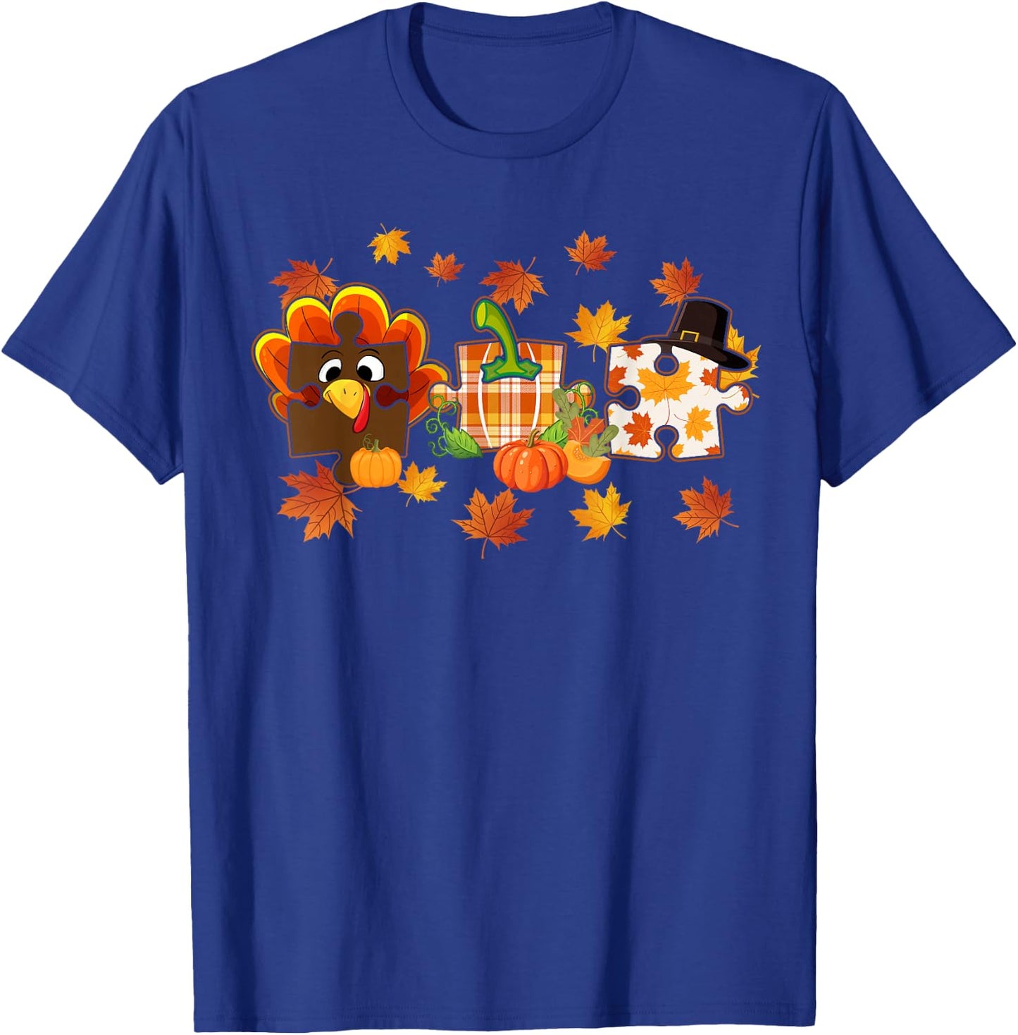 Cute Turkey Autism Awareness Puzzle Pumpkin for Thanksgiving T-Shirt - T-Shirt | Royal