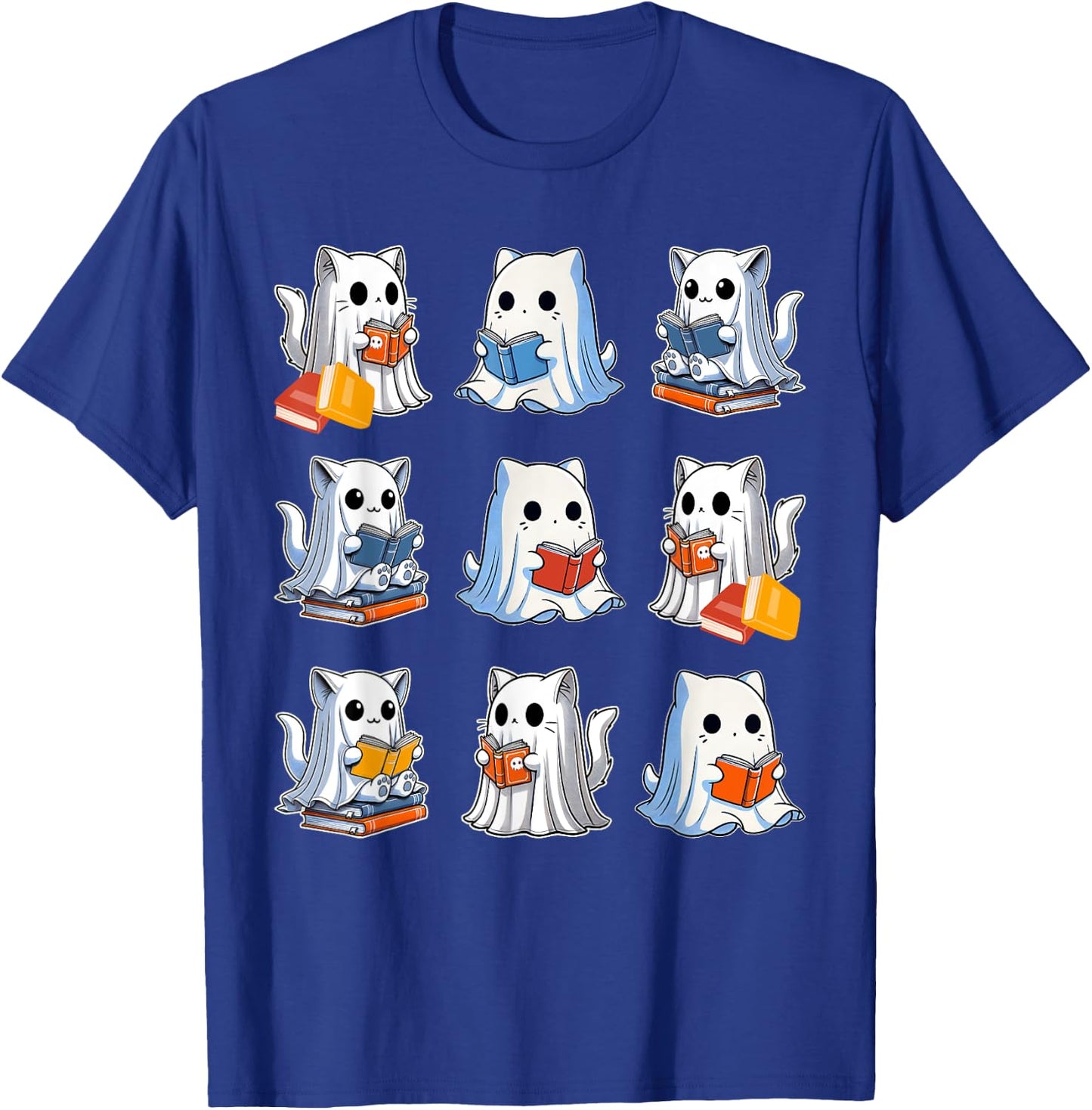 Funny Cats Reading Halloween Cute Cats Ghosts Reading Books T-Shirt - T-Shirt | Royal
