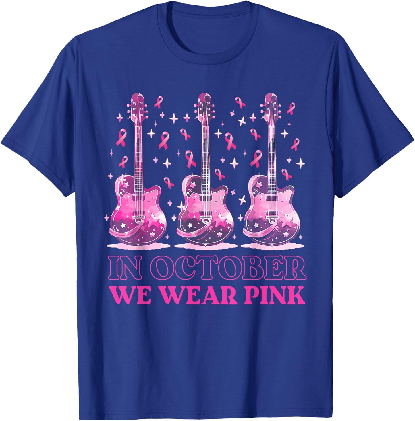 In October We Wear Pink Ribbon Guitar For Breast Cancer T-Shirt - T-Shirt | Royal