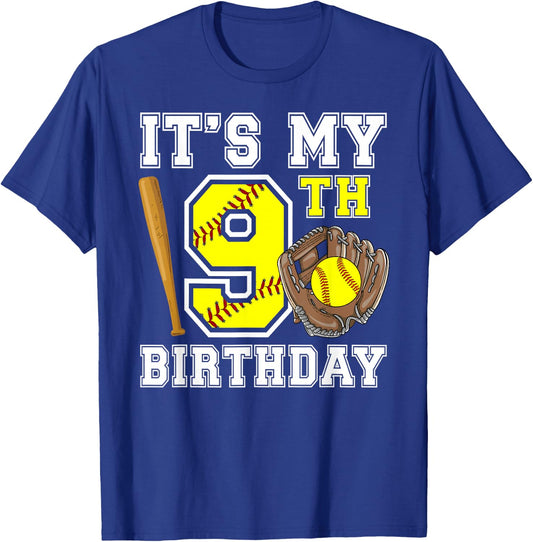 9th Birthday Softball Girl 9 Year Old Softball Player T-Shirt - T-Shirt | Royal