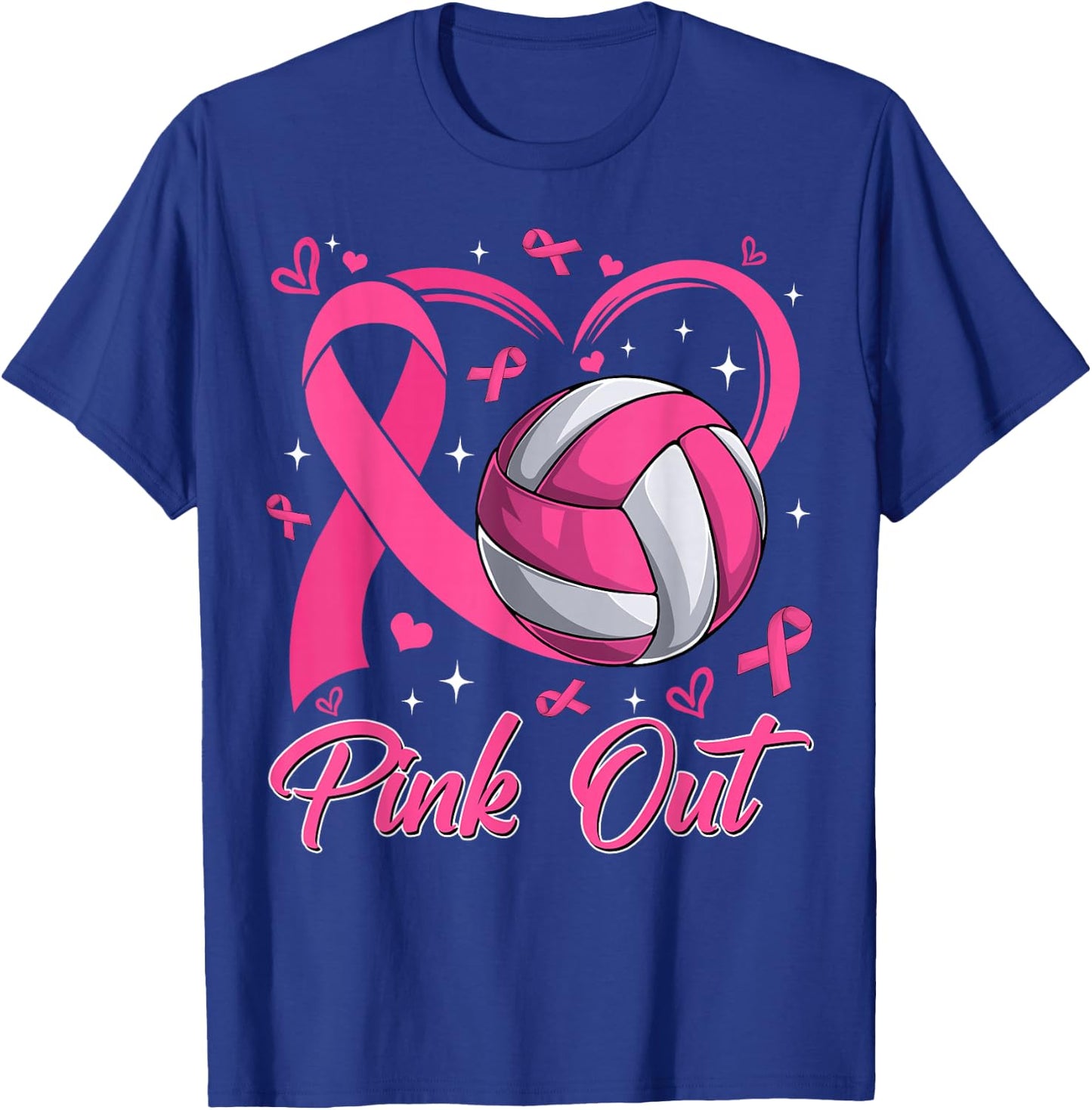 Pink Out Breast Cancer Awareness Day Volleyball Pink Ribbon T-Shirt - T-Shirt | Royal