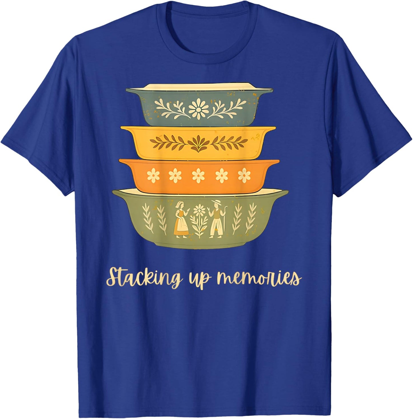 Stacking Up Memories Vintage Retro Bowls - On Back T-Shirt - T-Shirt | Royal