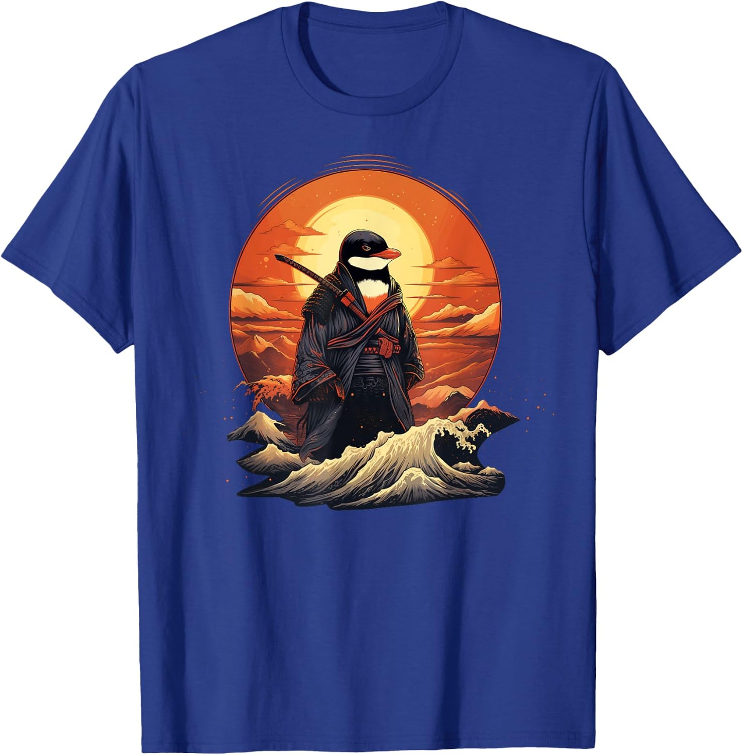 Vintage samurai Penguin on Japanese ninja art Penguin T-Shirt - T-Shirt | Royal