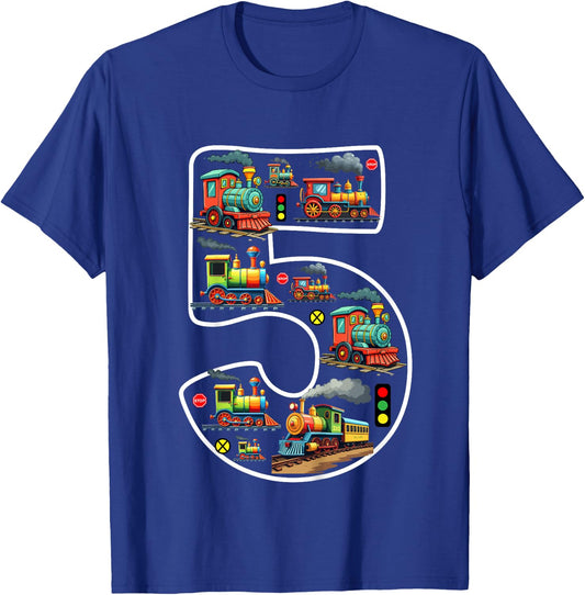 Kids 5 Year Old Boy Trains Birthday 5th Birthday Locomotive Train T-Shirt - T-Shirt | Royal