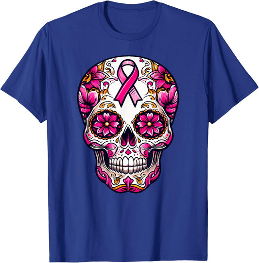 Sugar Skull Pink Ribbon Calavera Breast Cancer Awareness T-Shirt - T-Shirt | Royal