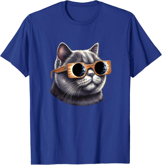 British Short Hair Cat with Solar Eclipse Glasses T-Shirt - T-Shirt | Royal
