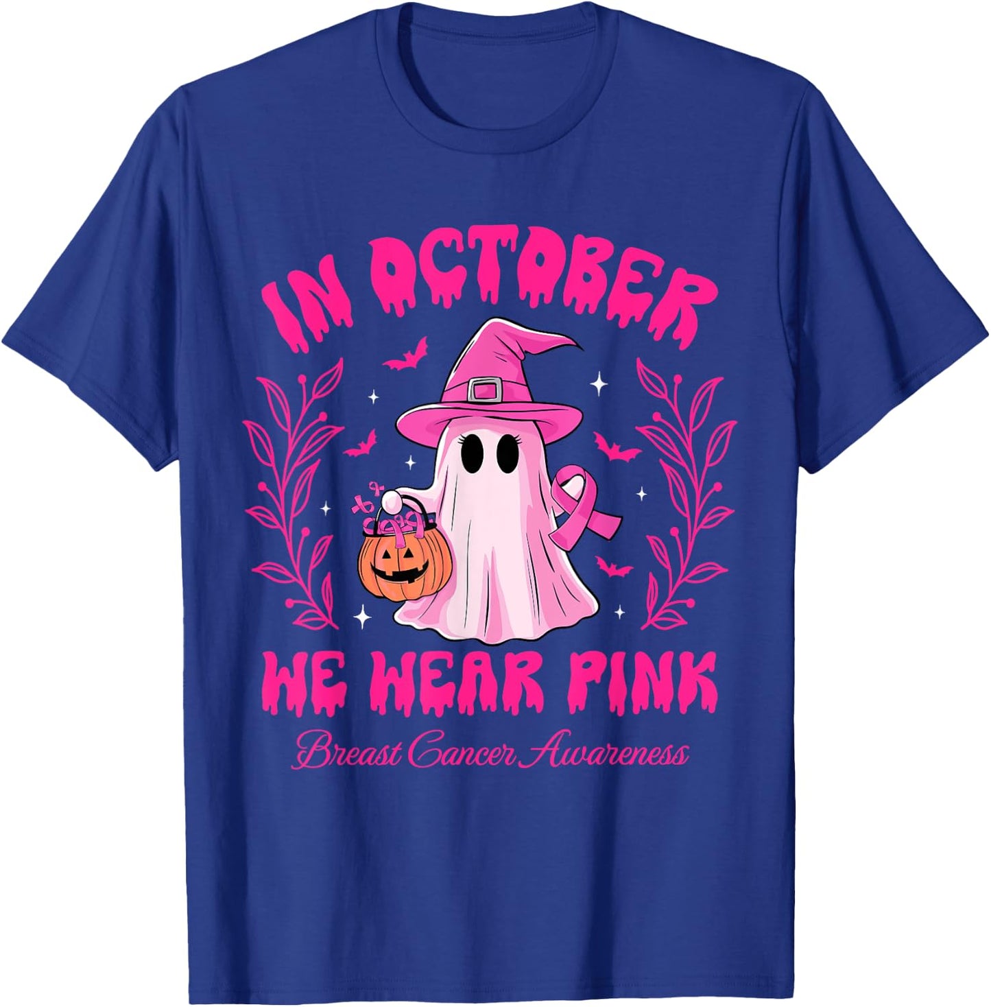 In October We Wear Pink Breast Cancer Awareness Halloween T-Shirt - T-Shirt | Royal