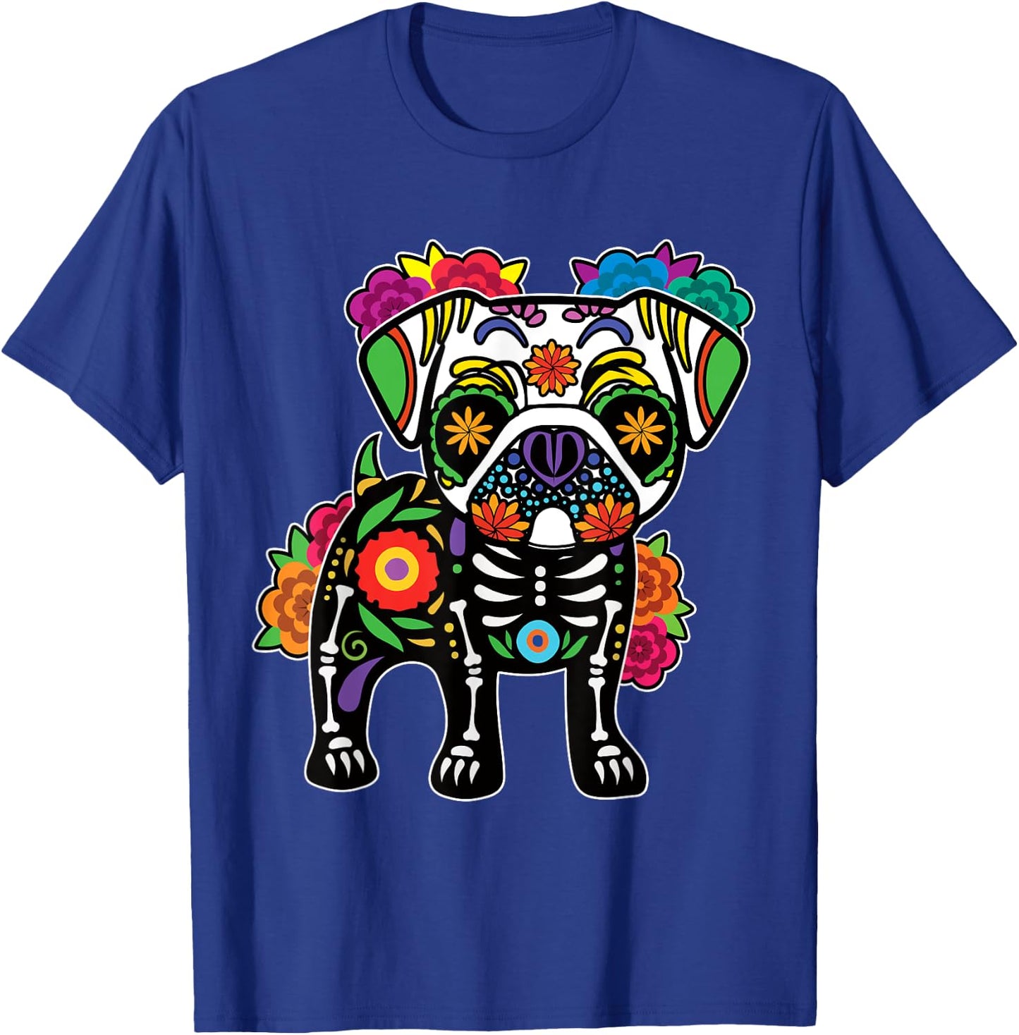 Dog Pug Floral Skeleton Day of Dead Dia De Los Muertos T-Shirt - T-Shirt | Royal