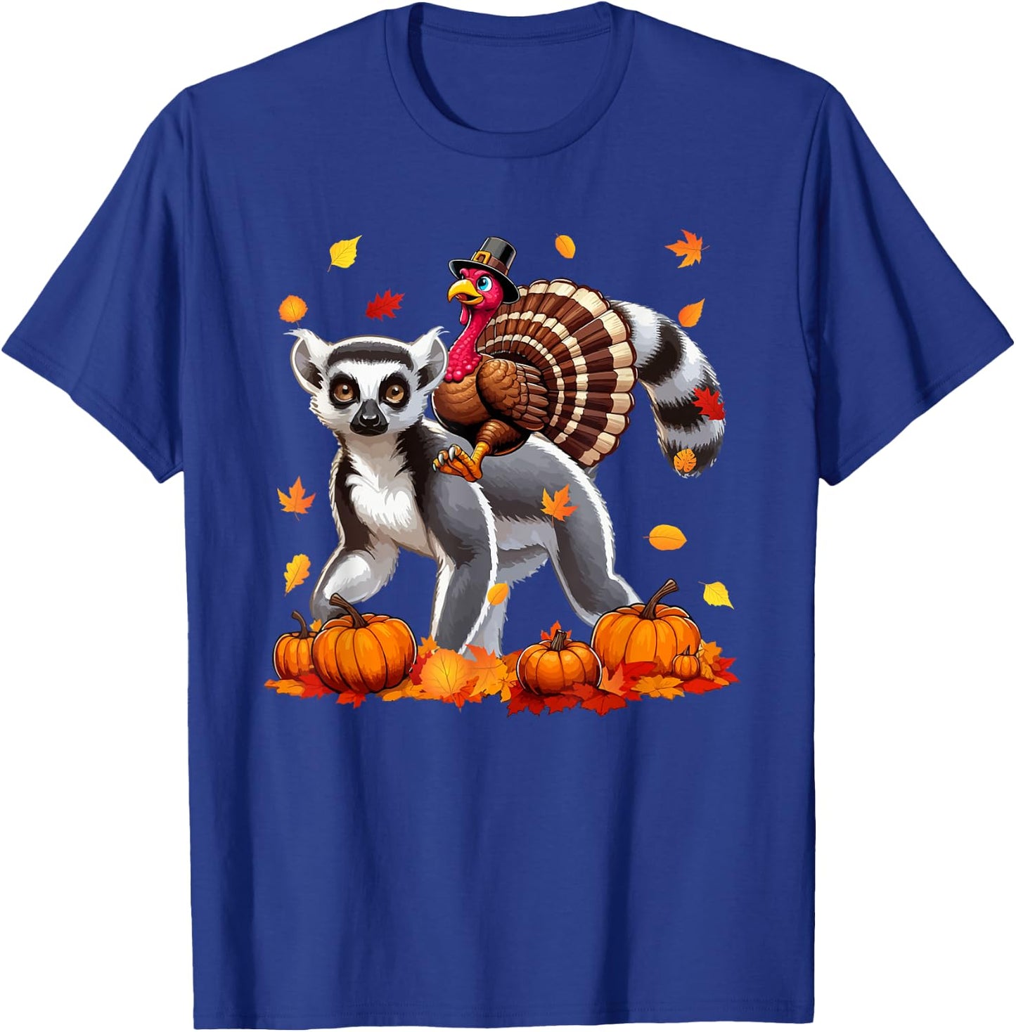 Turkey Riding Lemur Thanksgiving Fall Leaves Pumpkins T-Shirt - T-Shirt | Royal