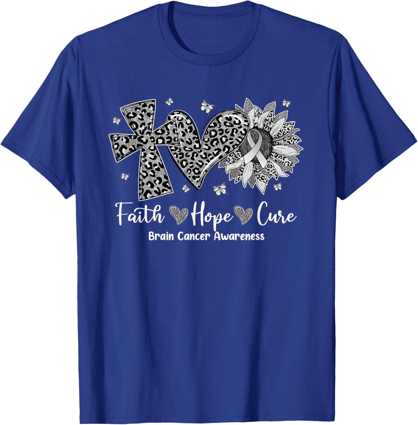 Faith Hope Cure Sunflower Leopard Brain Cancer Awareness T-Shirt - T-Shirt | Royal