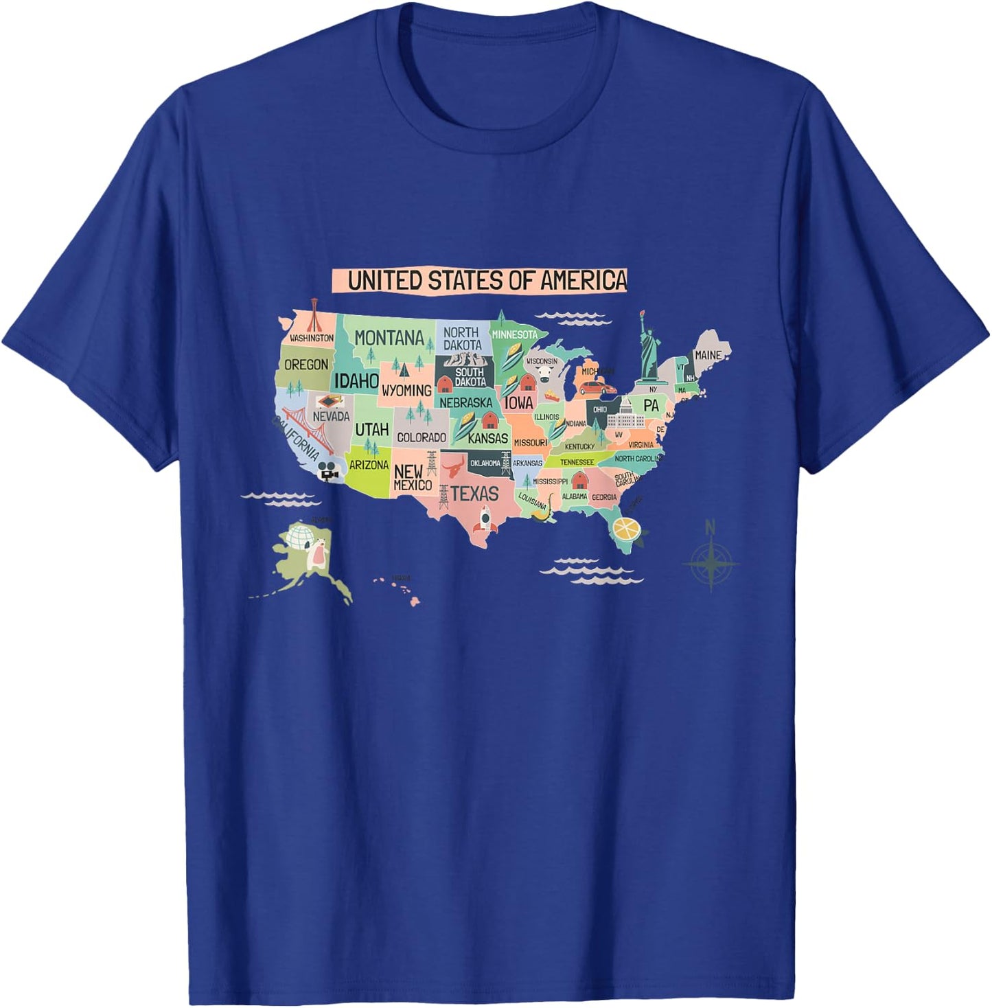 United States America Educational USA Wonders & States Map T-Shirt - T-Shirt | Royal