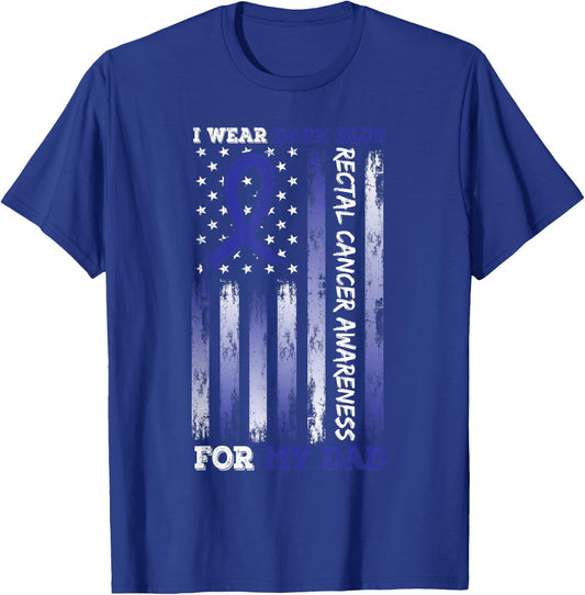 I Wear Blue For My Dad USA Flag Ribbon Rectal Cancer T-Shirt - T-Shirt | Royal
