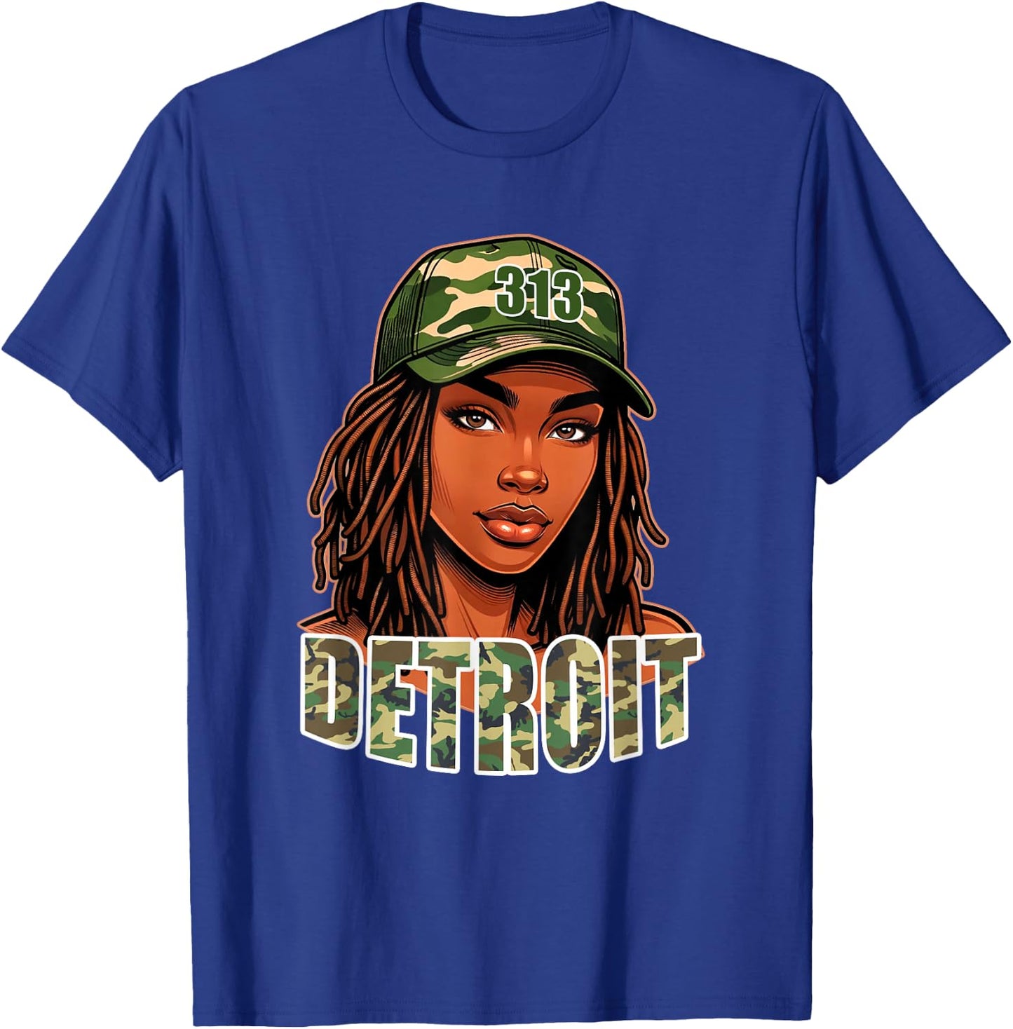 Detroit 313 Camo Hat Black Woman Locs T-Shirt - T-Shirt | Royal