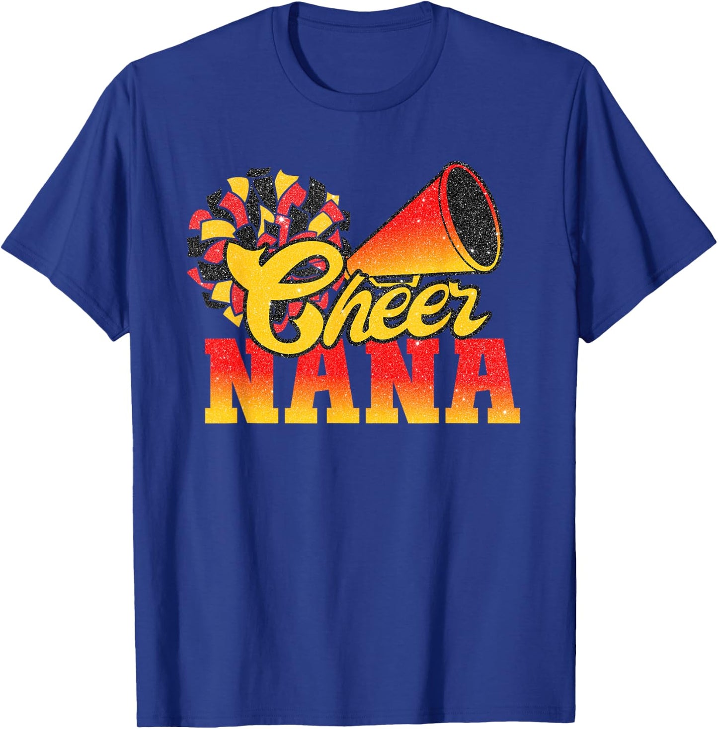 Cheer Nana Biggest Fan Cheerleader Orange Red Gold Pom Pom T-Shirt - T-Shirt | Royal