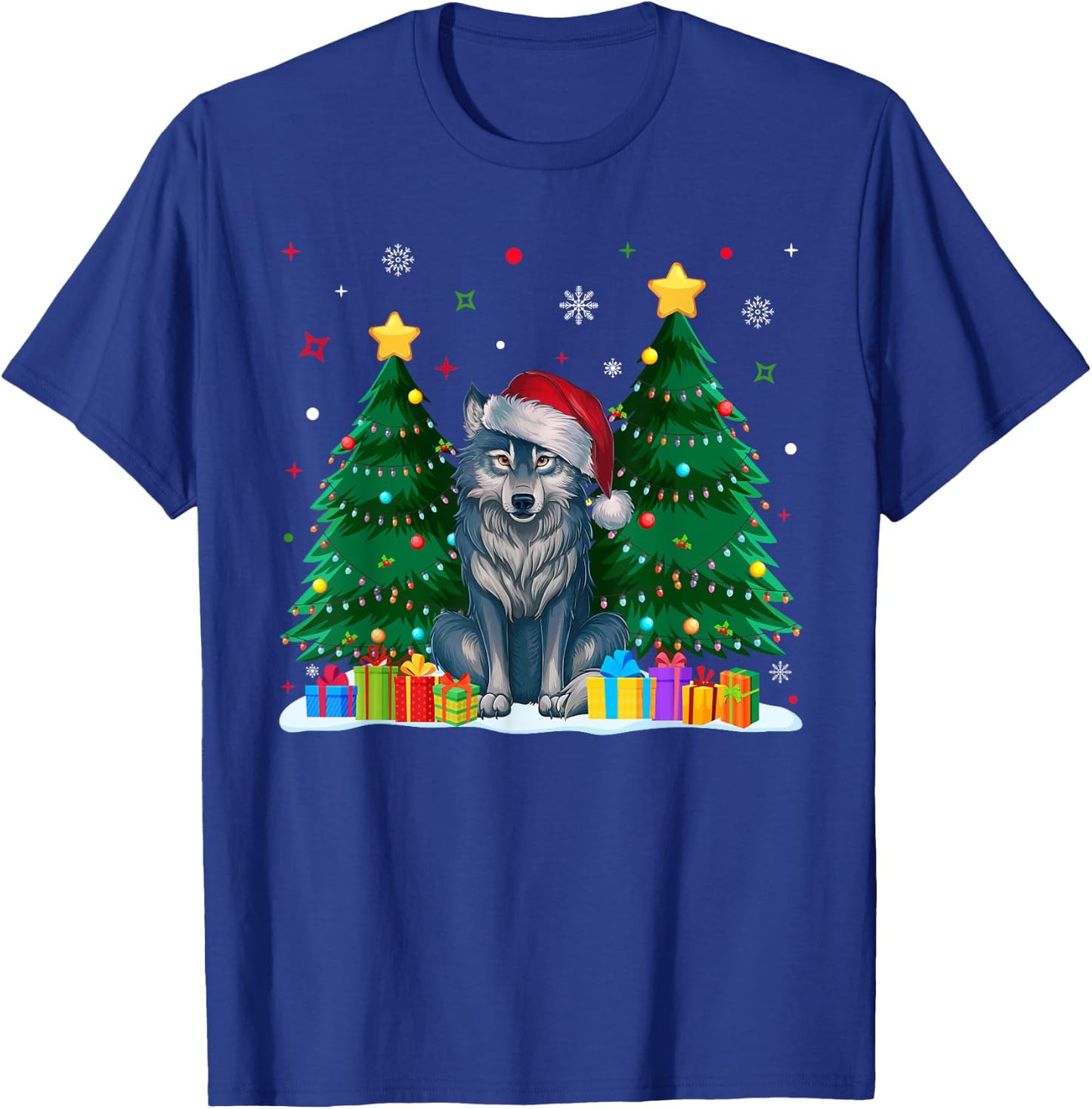 Funny Animal Lovers Wolf Santa Hat Ugly Christmas Sweater T-Shirt - T-Shirt | Royal